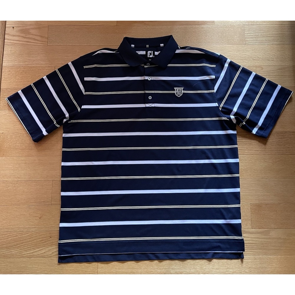 Footjoy Polo Shirt Men's XXL Blue Striped Golf Logo Polyester Stretch Breathable